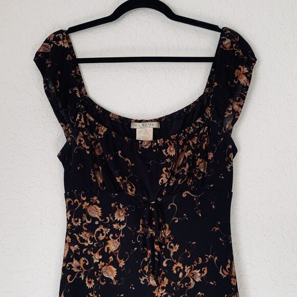 VTG Y2K La Belle Babydoll Milkmaid Midi Dress Women M Black Floral Whimsigoth - Picture 3 of 11